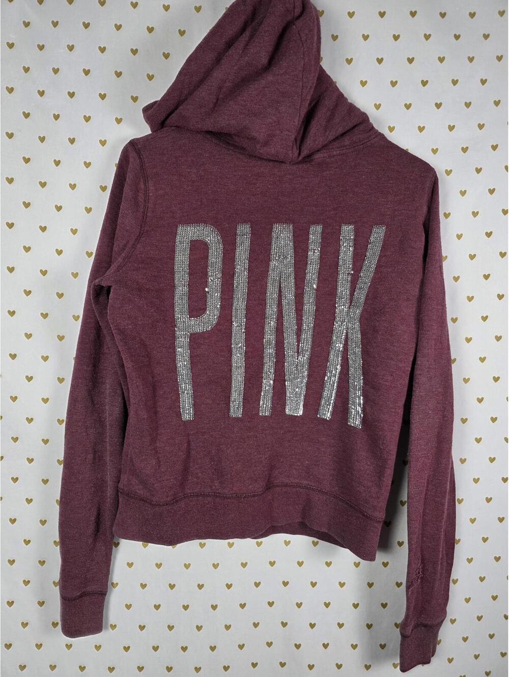 Victorias Secret Pink BLING SEQUINED Full Zip Hoodie Jacket Dog Logo SMALL